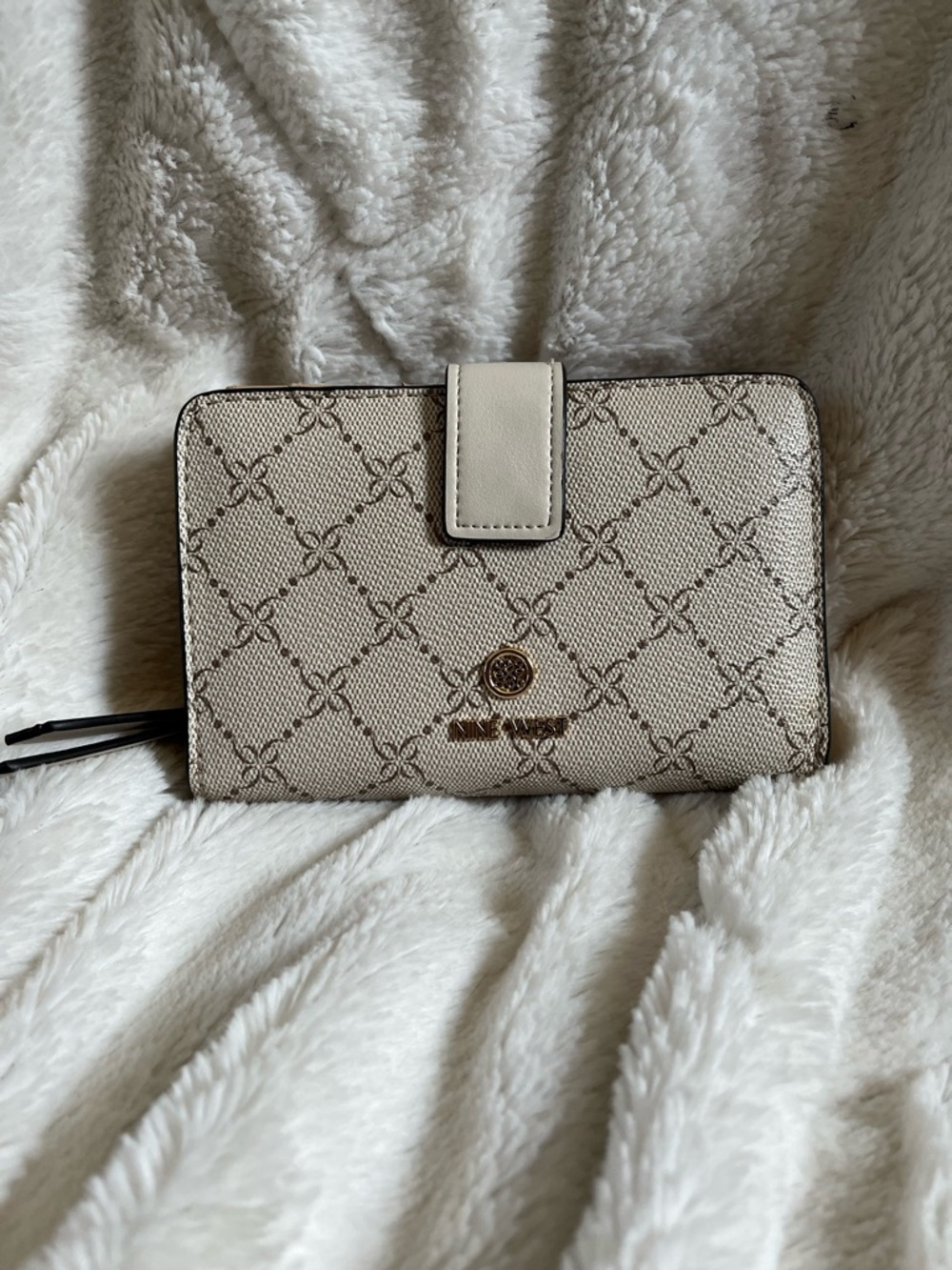 NWOT Nine West Beige Logo-Print Zip Wallet with Snap Tab